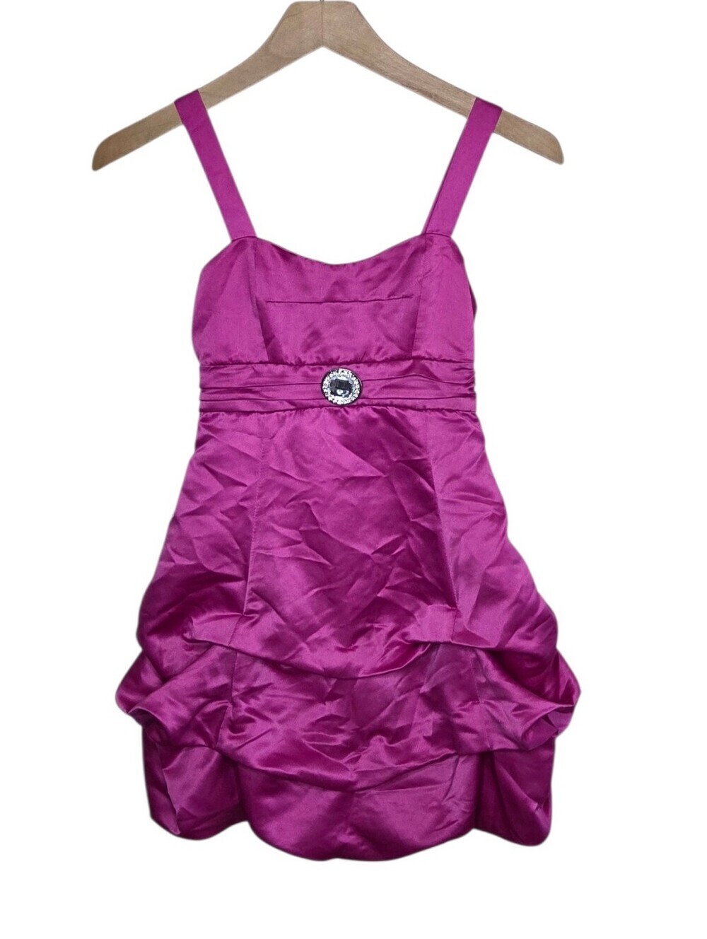 Ruby Rox Magenta Satin Scrunched Bubble Hem Mini Dress Girls Size 10 Brooch